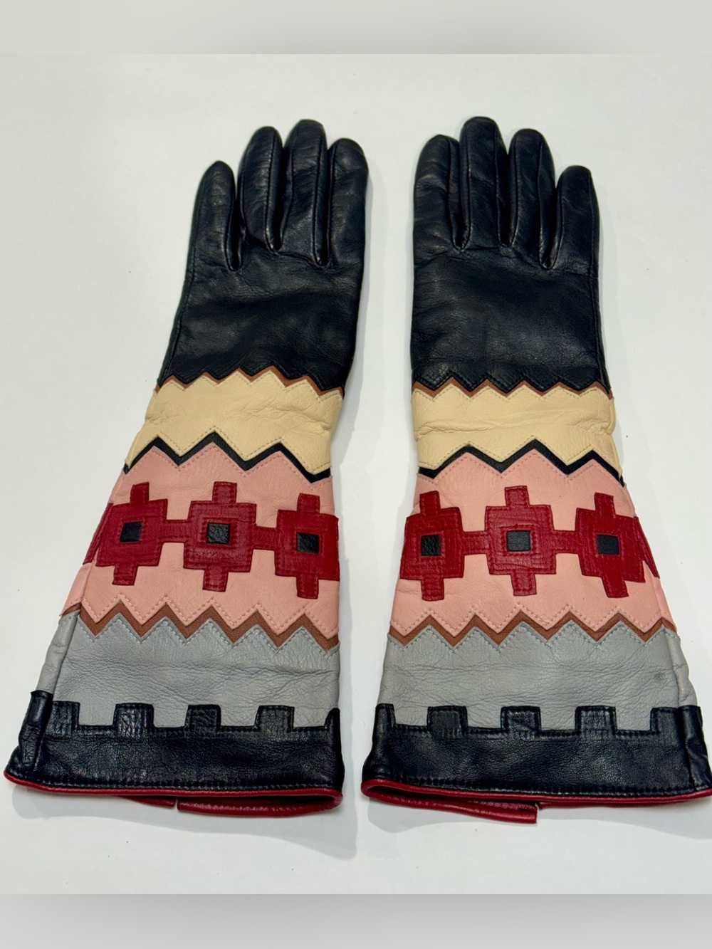 ARISTIDE Paris Luxury Leather Gauntlet Gloves - Geometric Intarsia Size 8